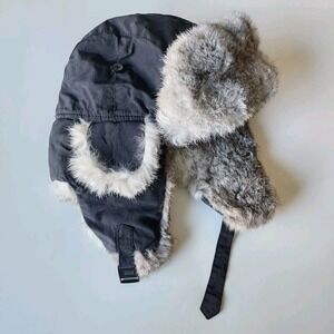 CROWNCAP Aviator Hat Rabbit Trim Kids Medium Genuine Fur Trapper Winter Snow Cap
